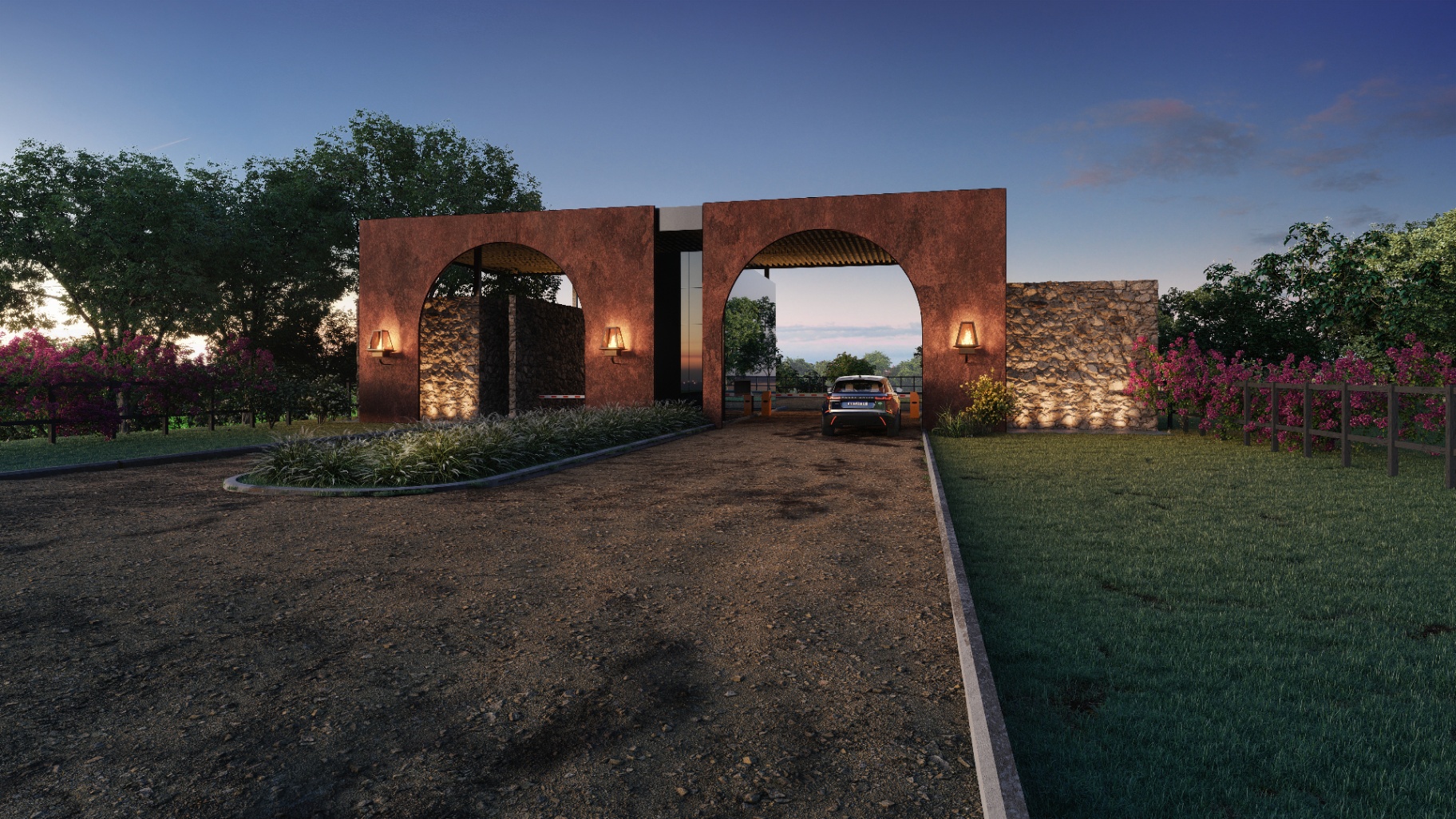 Render da portaria do Terras Verdes à noite