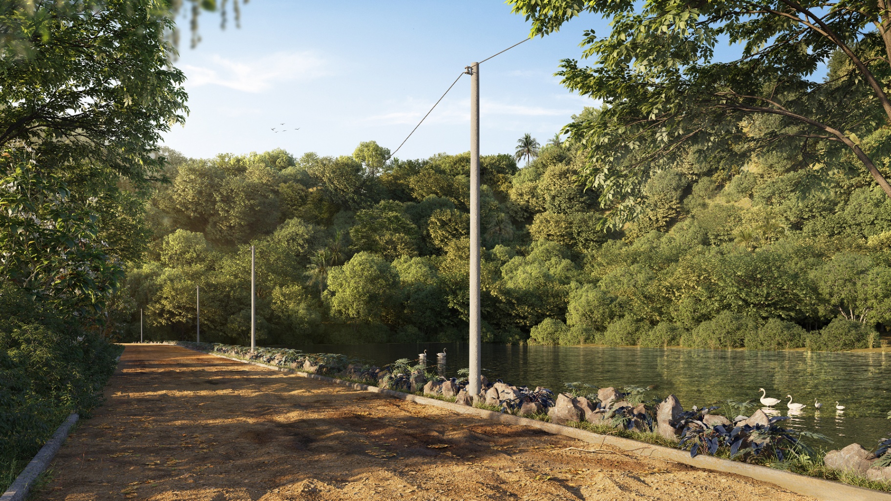 Render da lagoa do Terras Verdes com cisnes