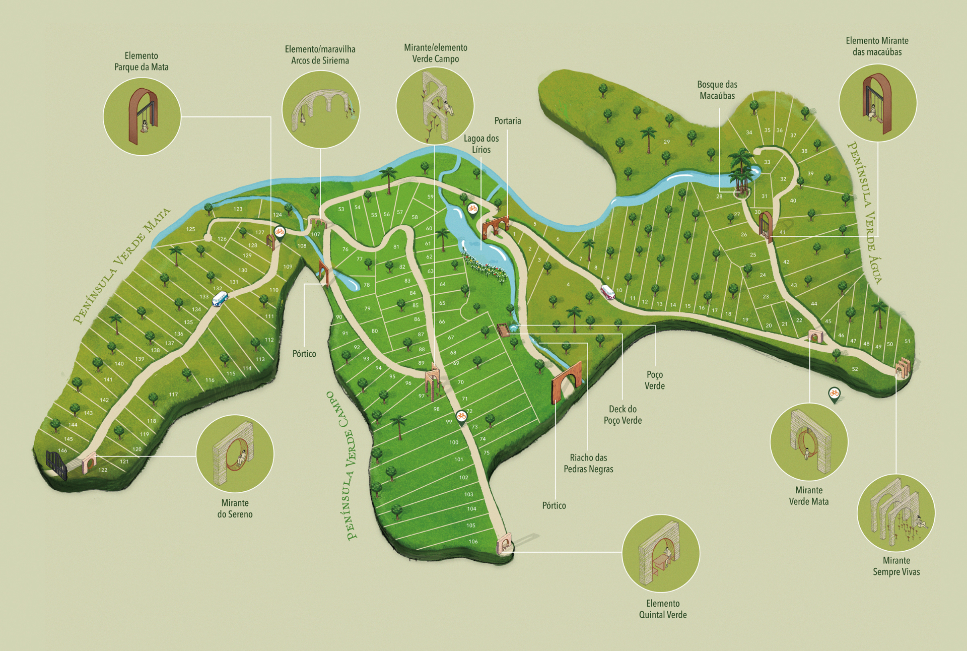 Mapa humanizado do Terras Verdes com distribuição das áreas e penínsulas