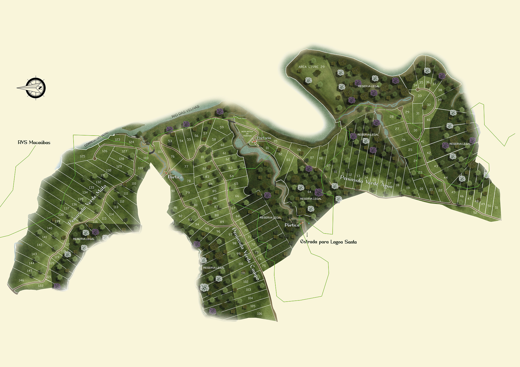 Masterplan ilustrado do Terras Verdes — Penínsulas Verde Mata, Campo e Água, Reserva Legal, Rio das Velhas e localização da Portaria