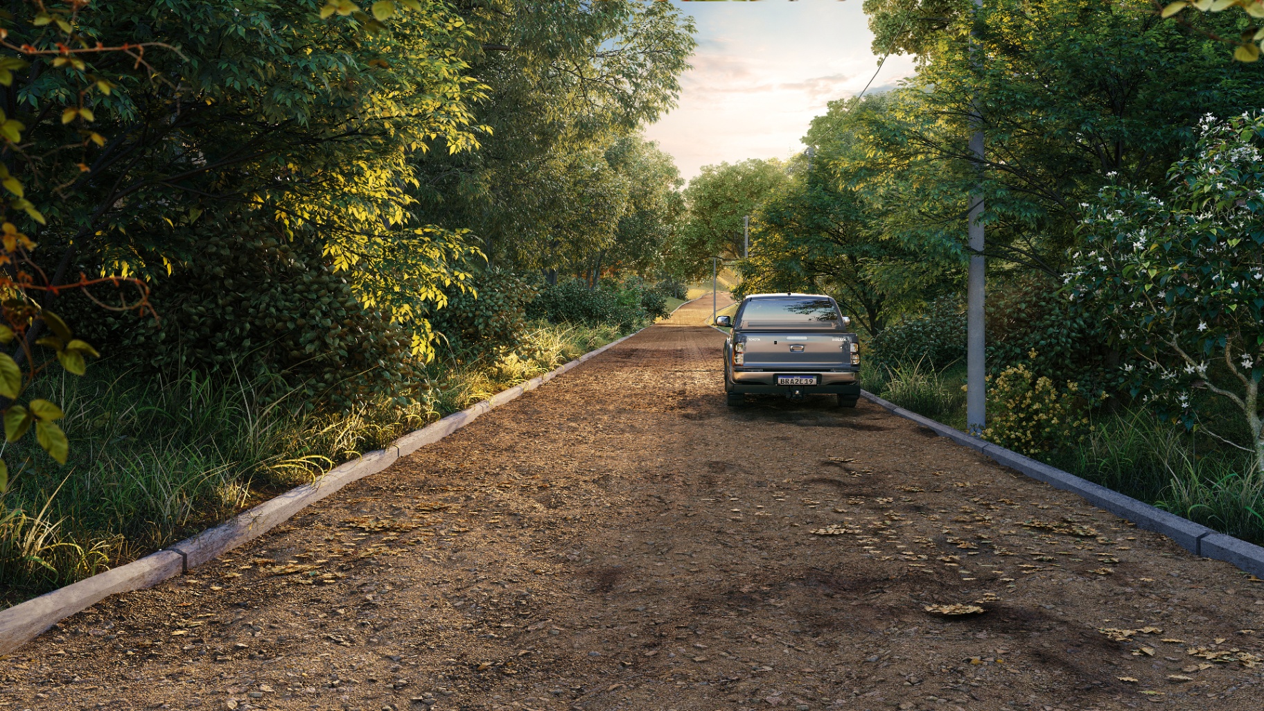 Render da via interna do Terras Verdes ao amanhecer