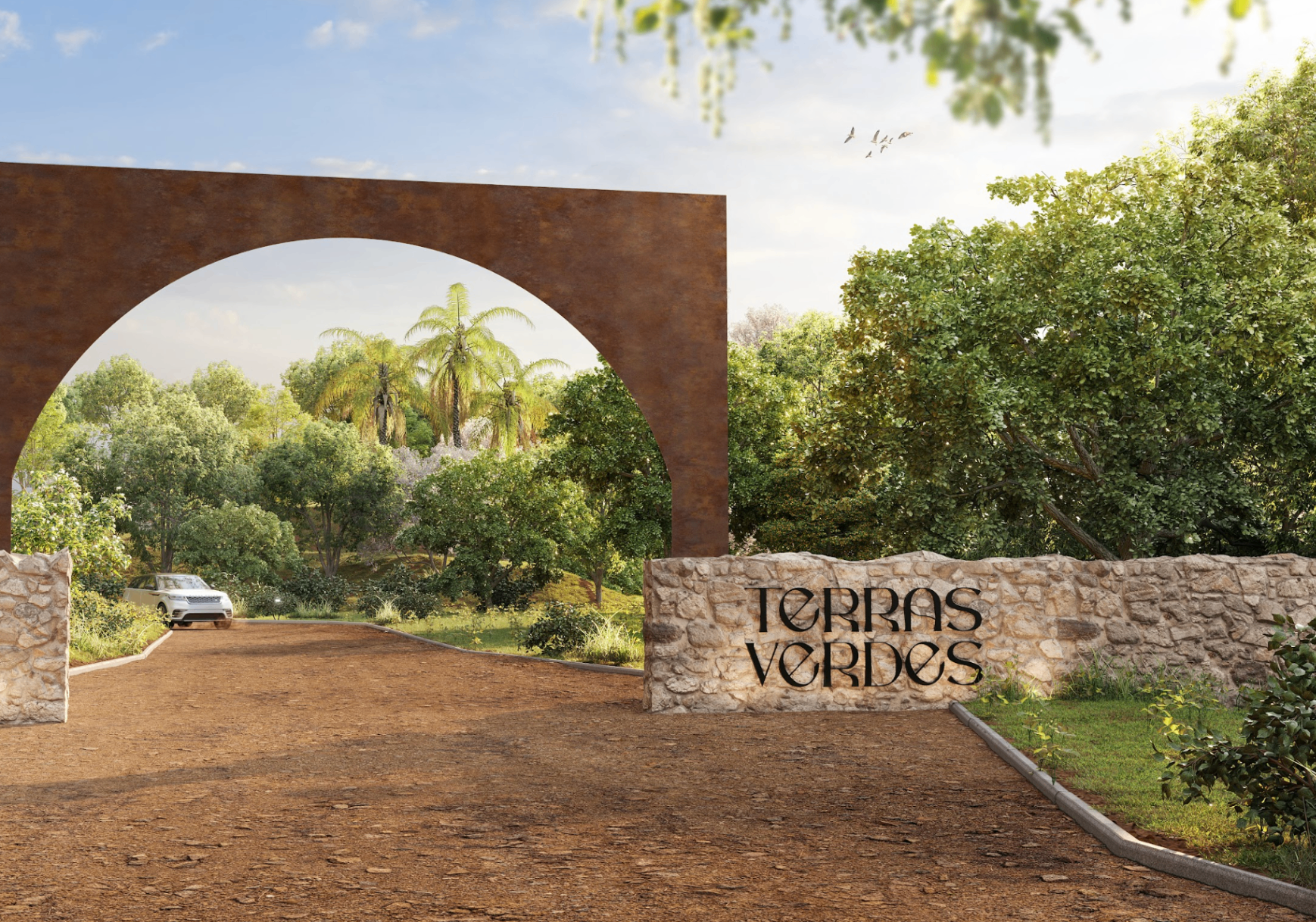 Pórtico de entrada do Terras Verdes em pedra e arco em corten